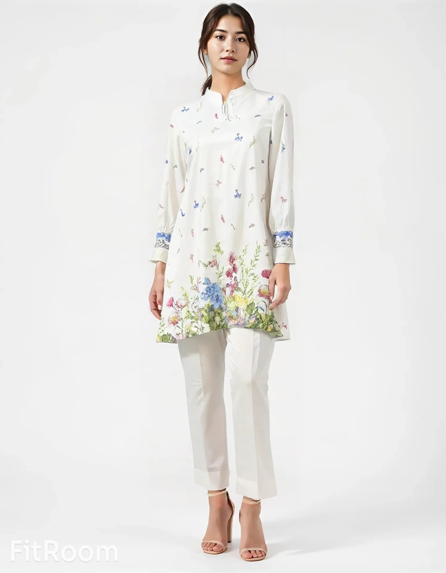URG -13P 2 PCS Digitally Printed pearl white lawn shirt with bell bottom trouser