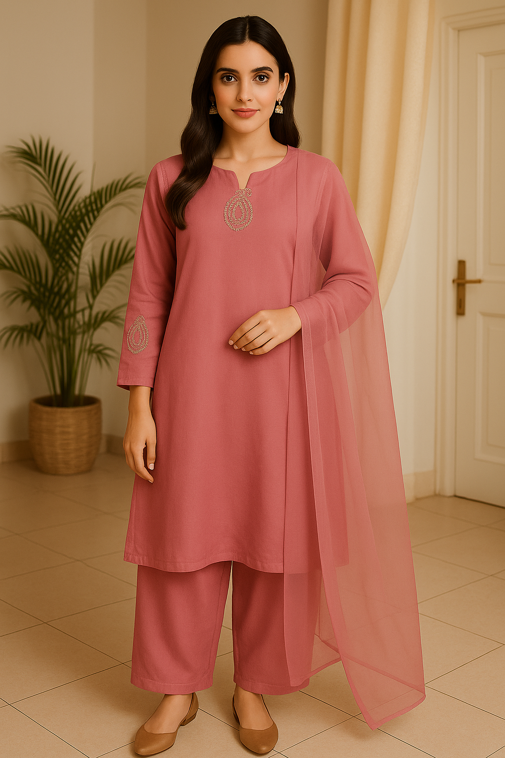 URG:22P 3Pcs lawn suit with tilla paisley patches on front and sleeves