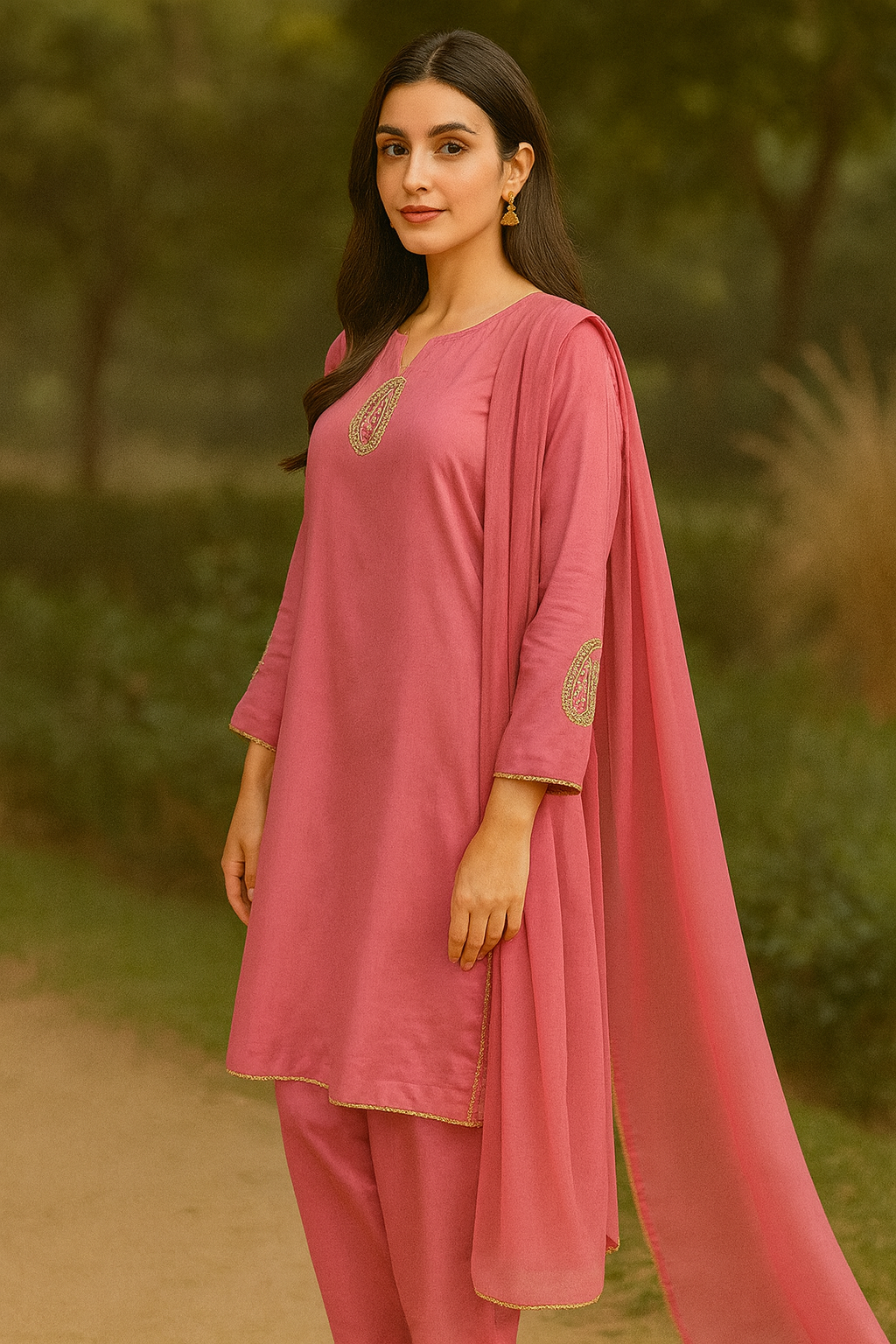 URG:22P 3Pcs lawn suit with tilla paisley patches on front and sleeves