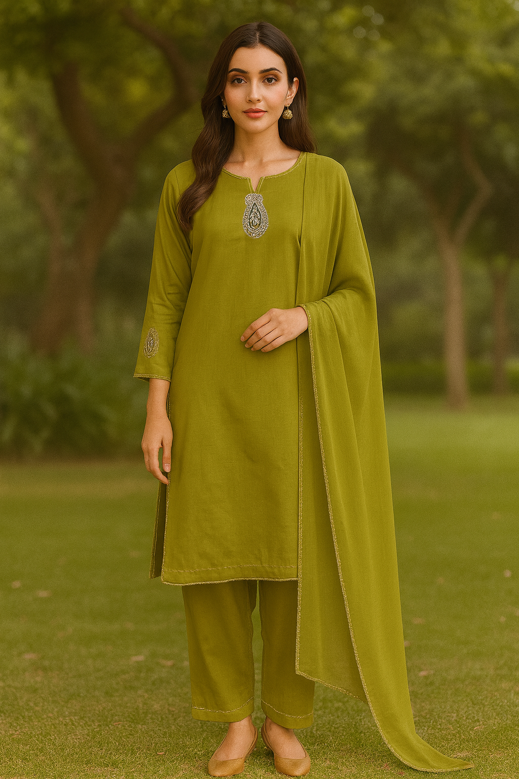 URG:20P  3Pcs lawn suit with tilla paisley patches on front and sleeves