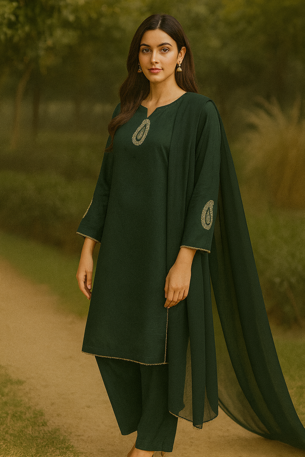 URG:21P 3Pcs lawn suit with tilla paisley patches on front and sleeves