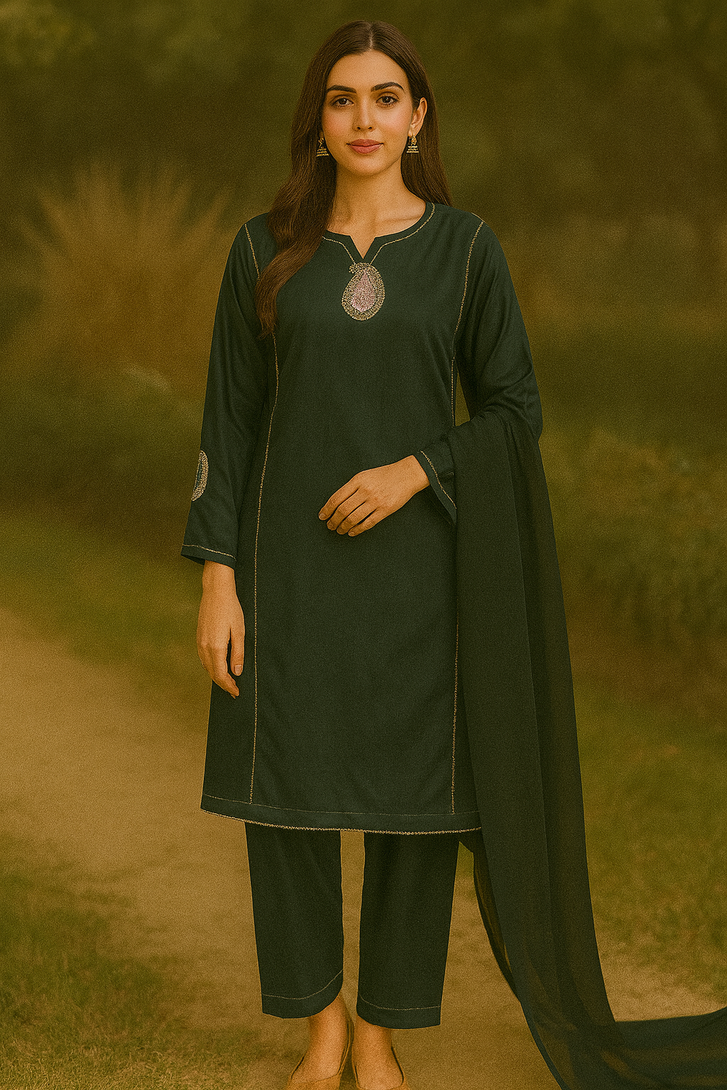 URG:21P 3Pcs lawn suit with tilla paisley patches on front and sleeves