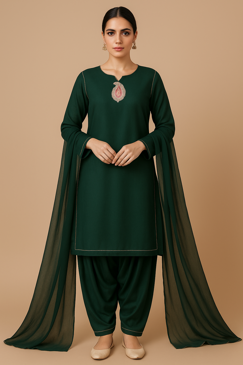 URG:21P 3Pcs lawn suit with tilla paisley patches on front and sleeves