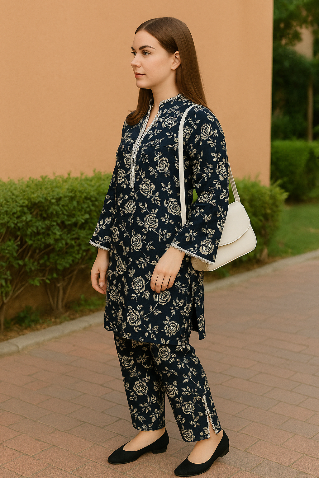 UMH-14 2-Pcs Black & off white floral  Co-Ord Set