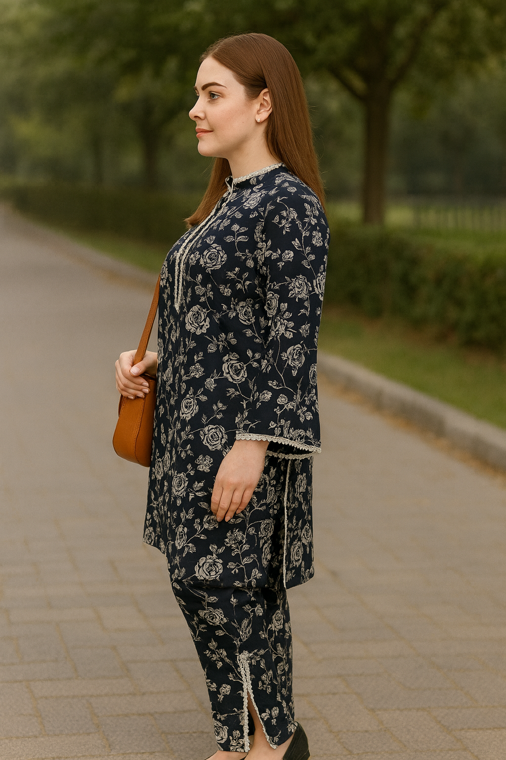 UMH-14 2-Pcs Black & off white floral  Co-Ord Set