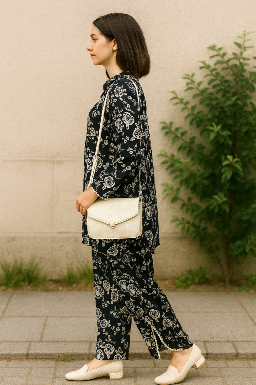 UMH-14 2-Pcs Black & off white floral  Co-Ord Set