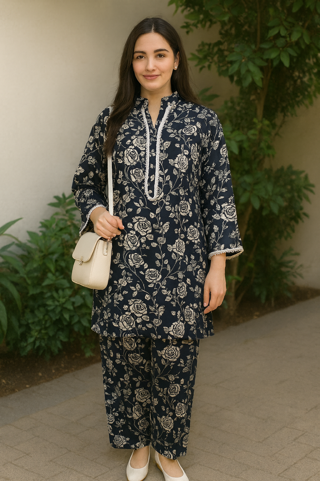 UMH-14 2-Pcs Black & off white floral  Co-Ord Set