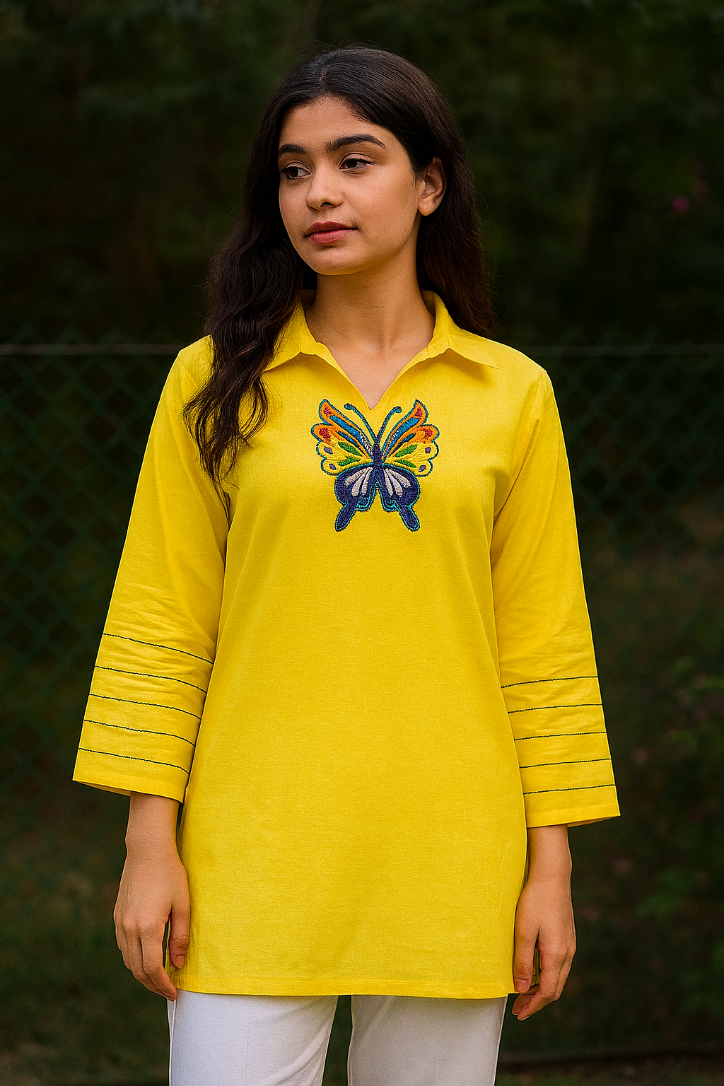 UP=03  Yallow Kurti with butterfly patch