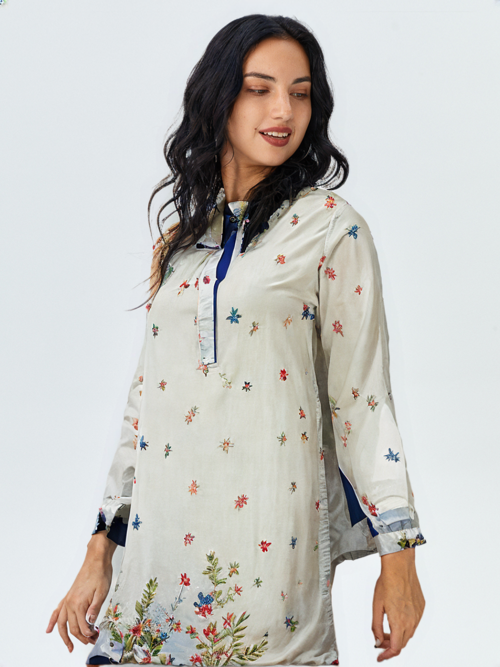 UP:05 (Blue): 1 PC Digitally Printed Pearl White Lawn Shirt