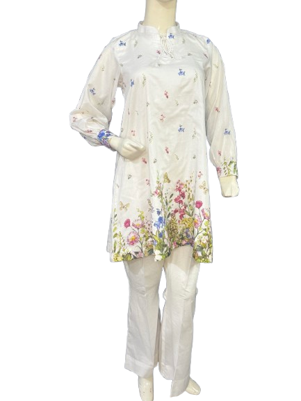 URG -13P 2 PCS Digitally Printed pearl white lawn shirt with bell bottom trouser