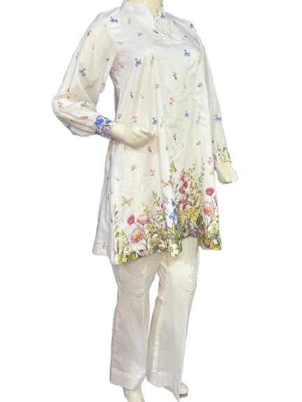 URG -13P 2 PCS Digitally Printed pearl white lawn shirt with bell bottom trouser