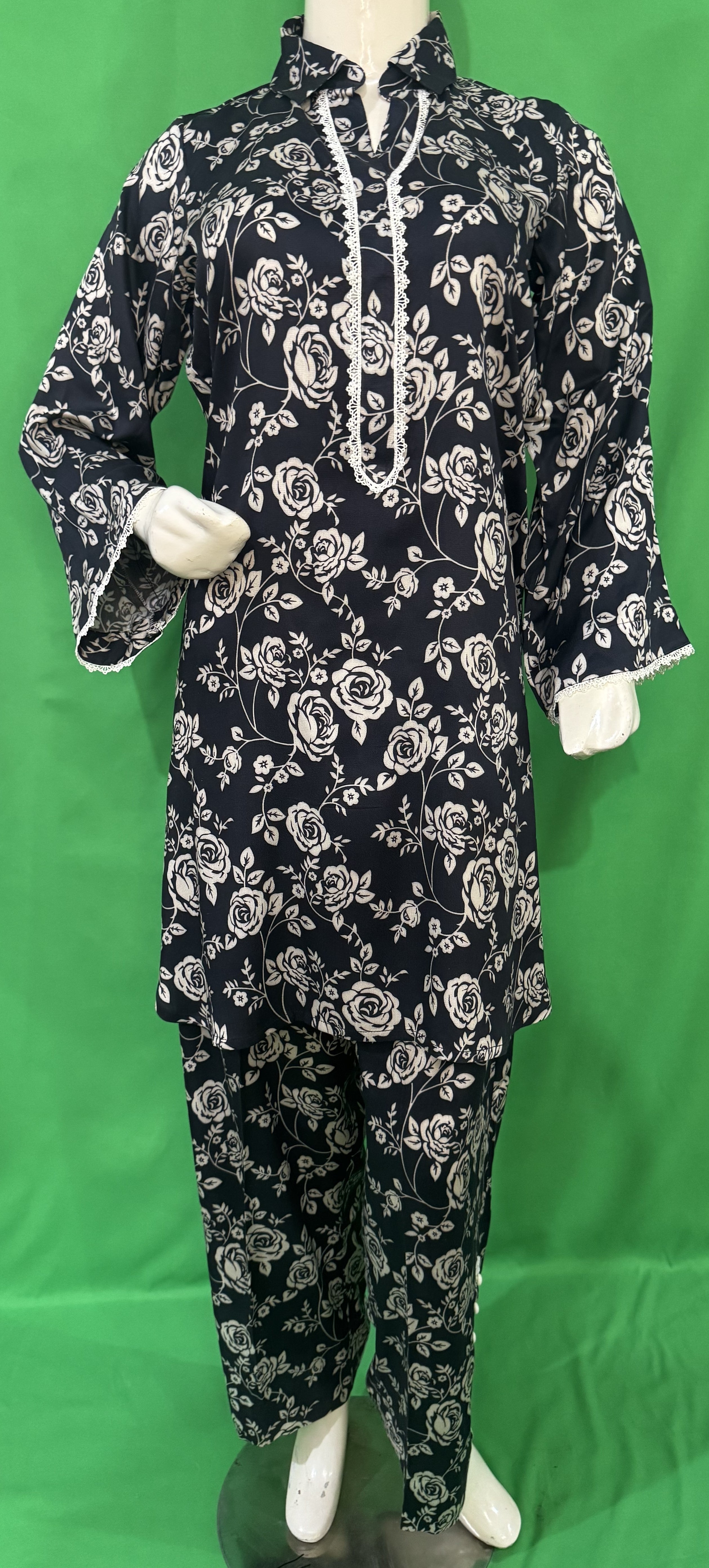 UMH-14 2-Pcs Black & off white floral  Co-Ord Set