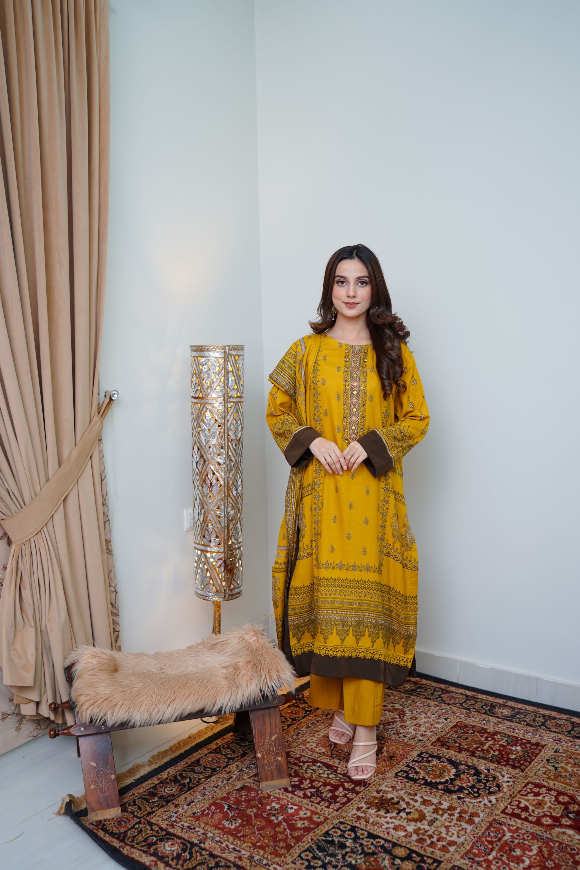 MY-06: 3 PCs Marigold Mustard Digitally Printed Suit (Un-Stitched)