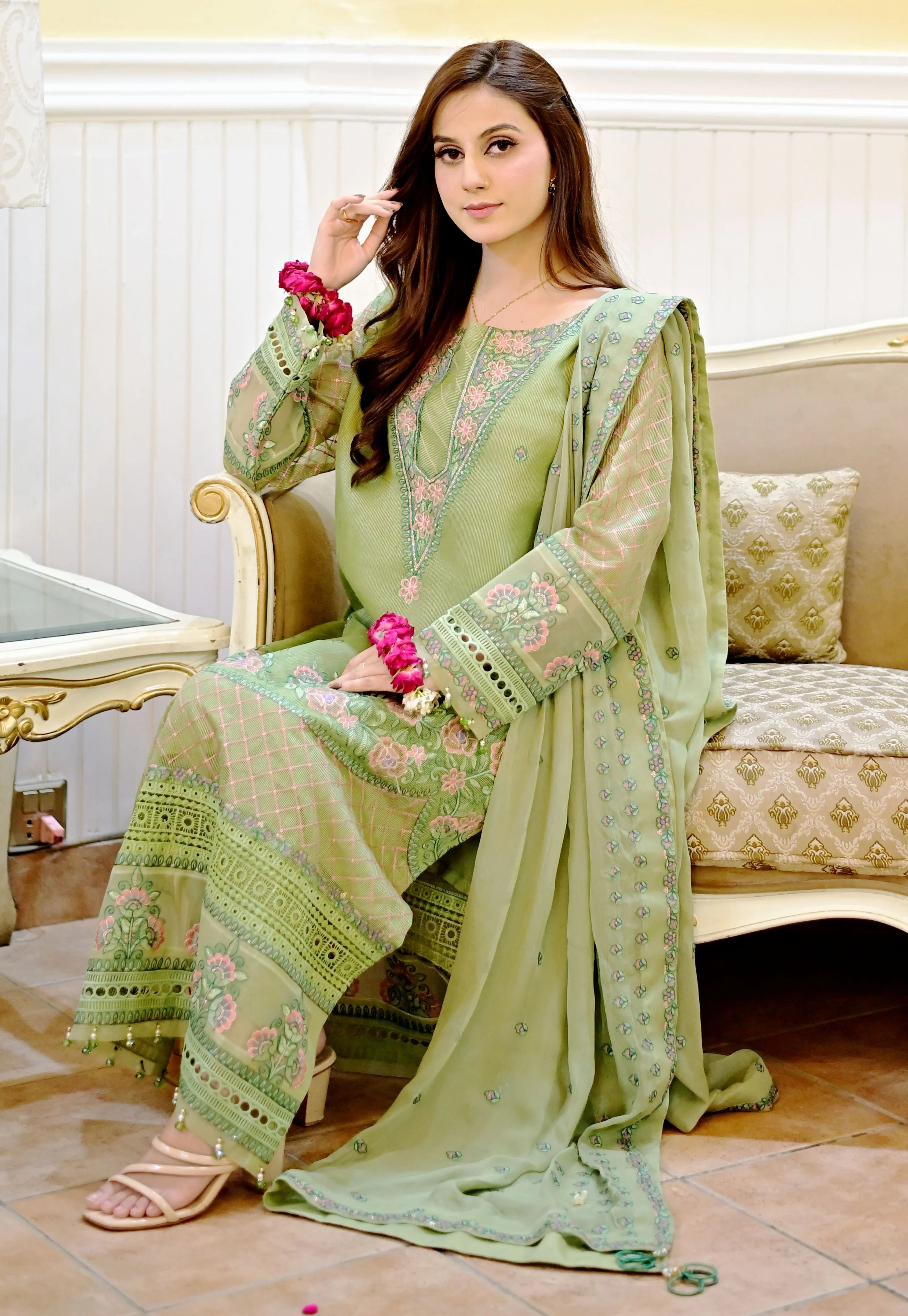 UNJ-4P: Pistachio Green embroidered 4 Pcs suit - U By Amins