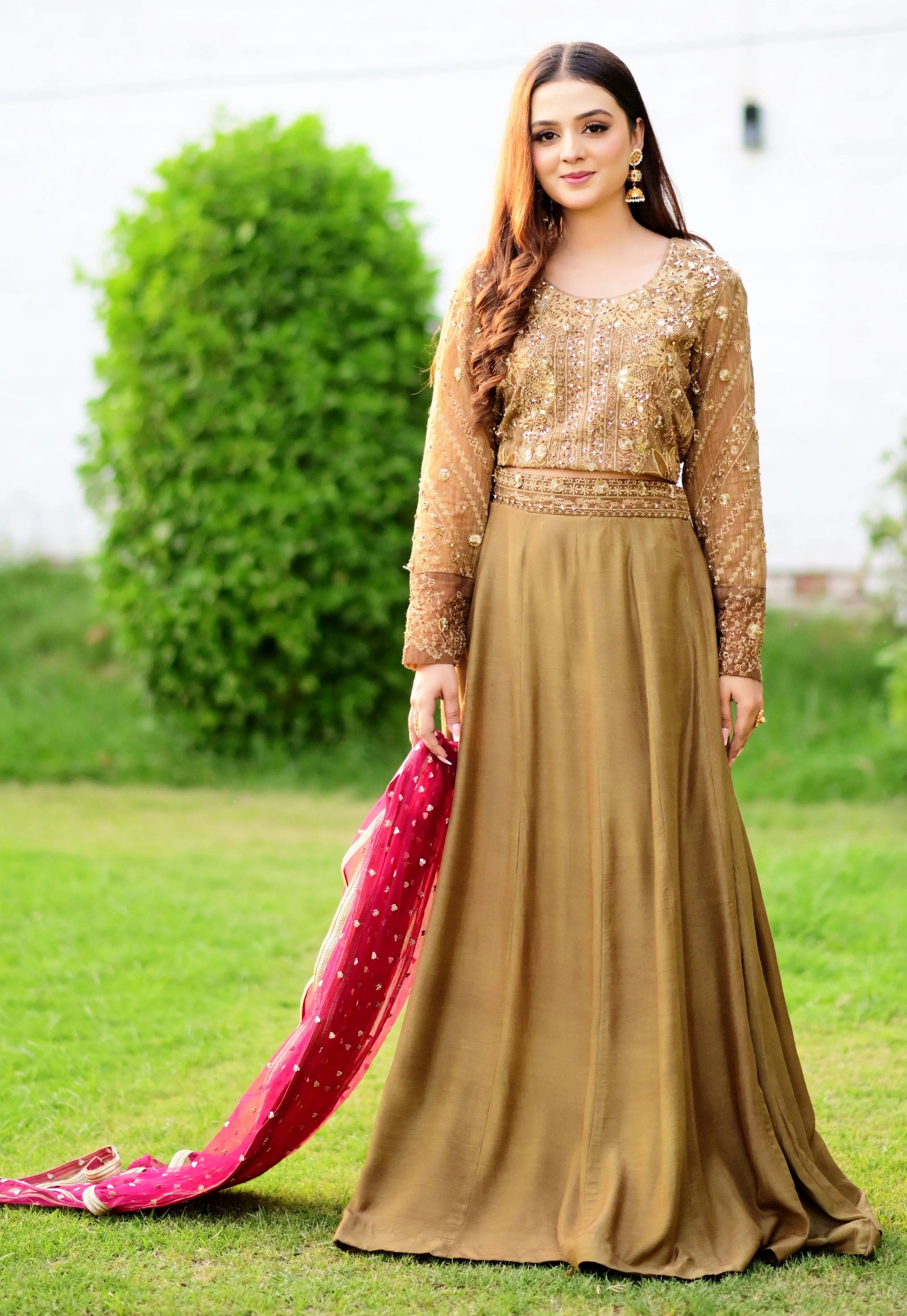 USH: 4B 4Pcs Olive Brown Choli Ghagra (Stitched) - U By Amins