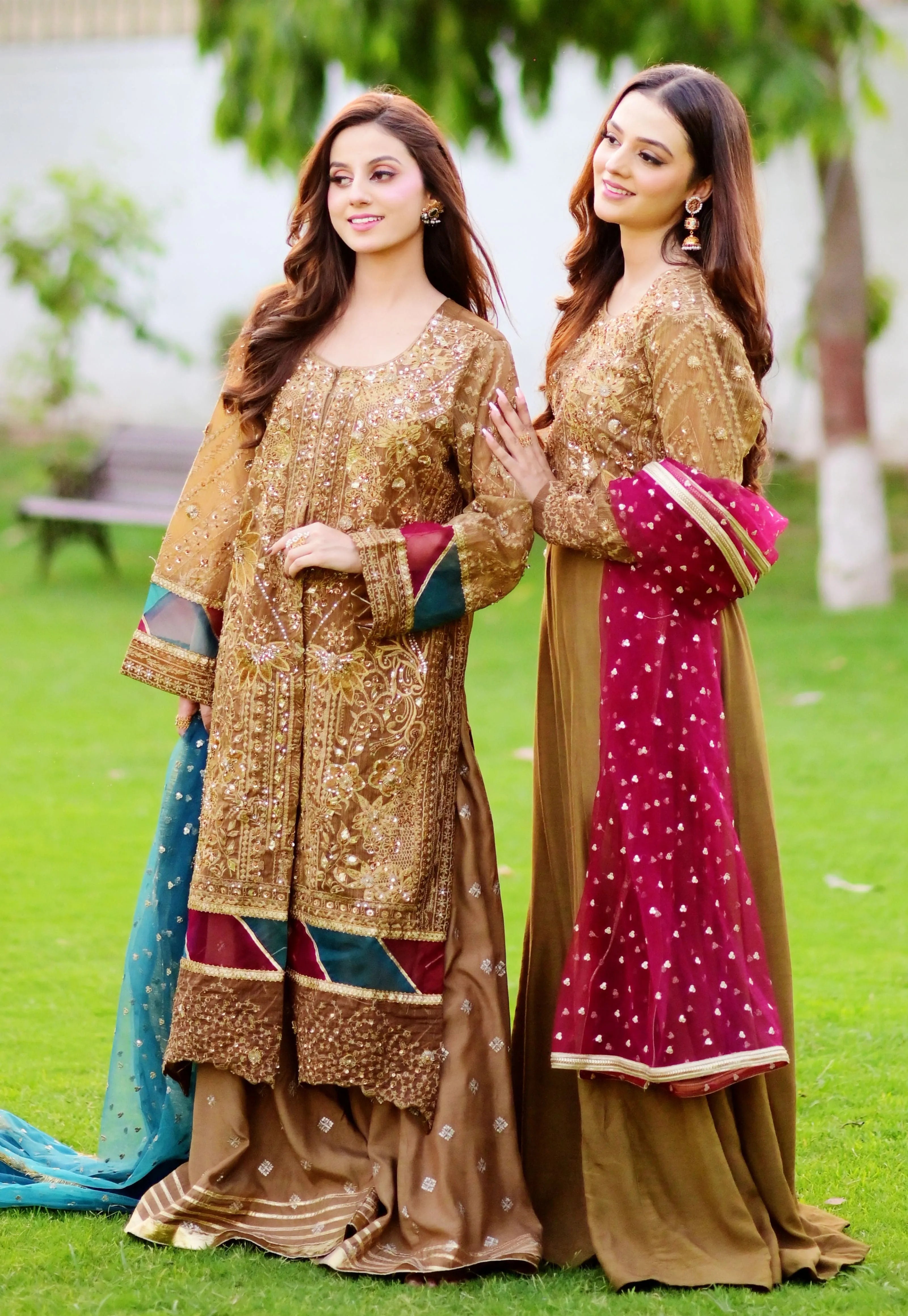 USH: 4B 4Pcs Olive Brown Choli Ghagra (Stitched) - U By Amins