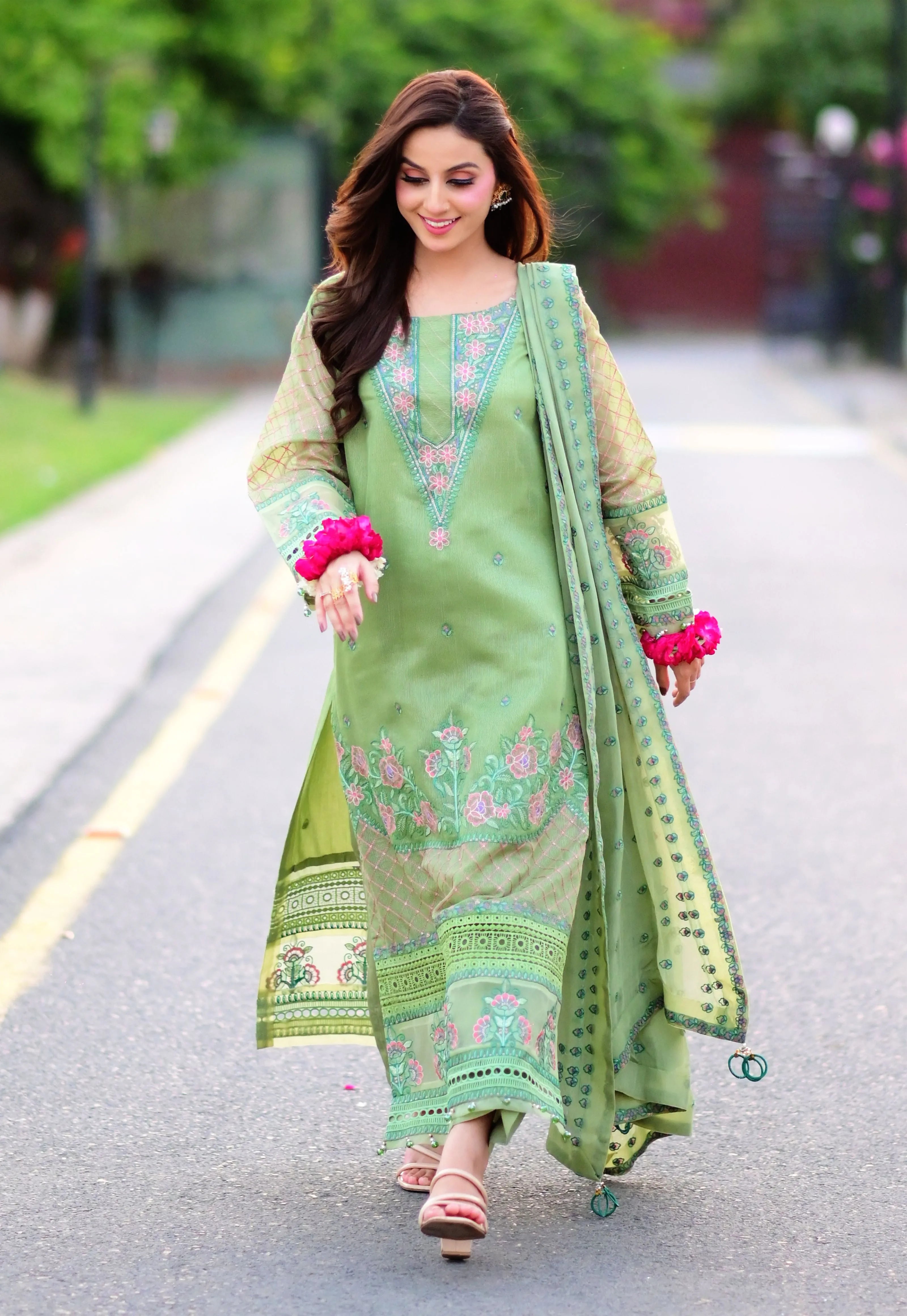 UNJ-4P: Pistachio Green embroidered 4 Pcs suit - U By Amins