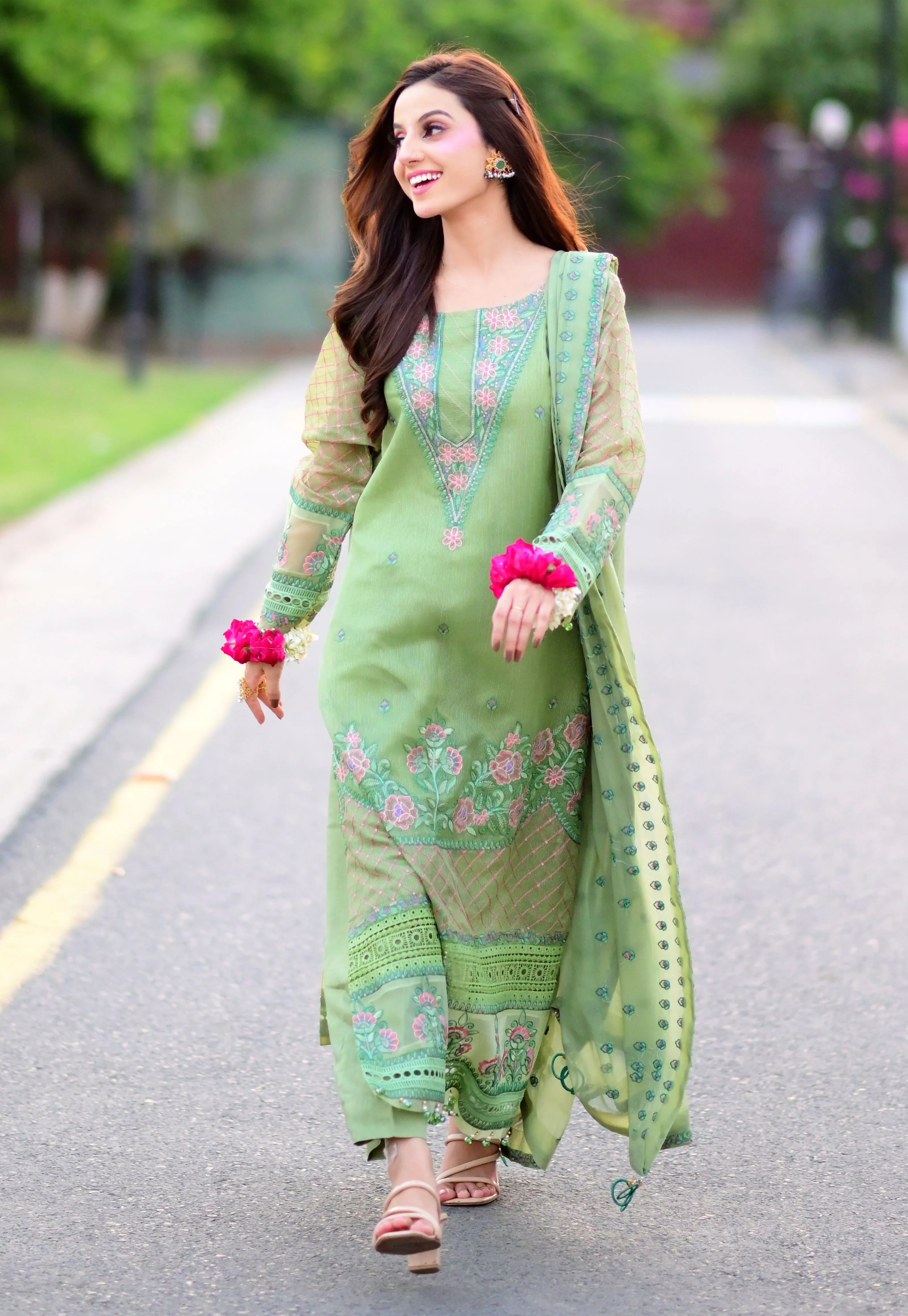 UNJ-4P: Pistachio Green embroidered 4 Pcs suit - U By Amins