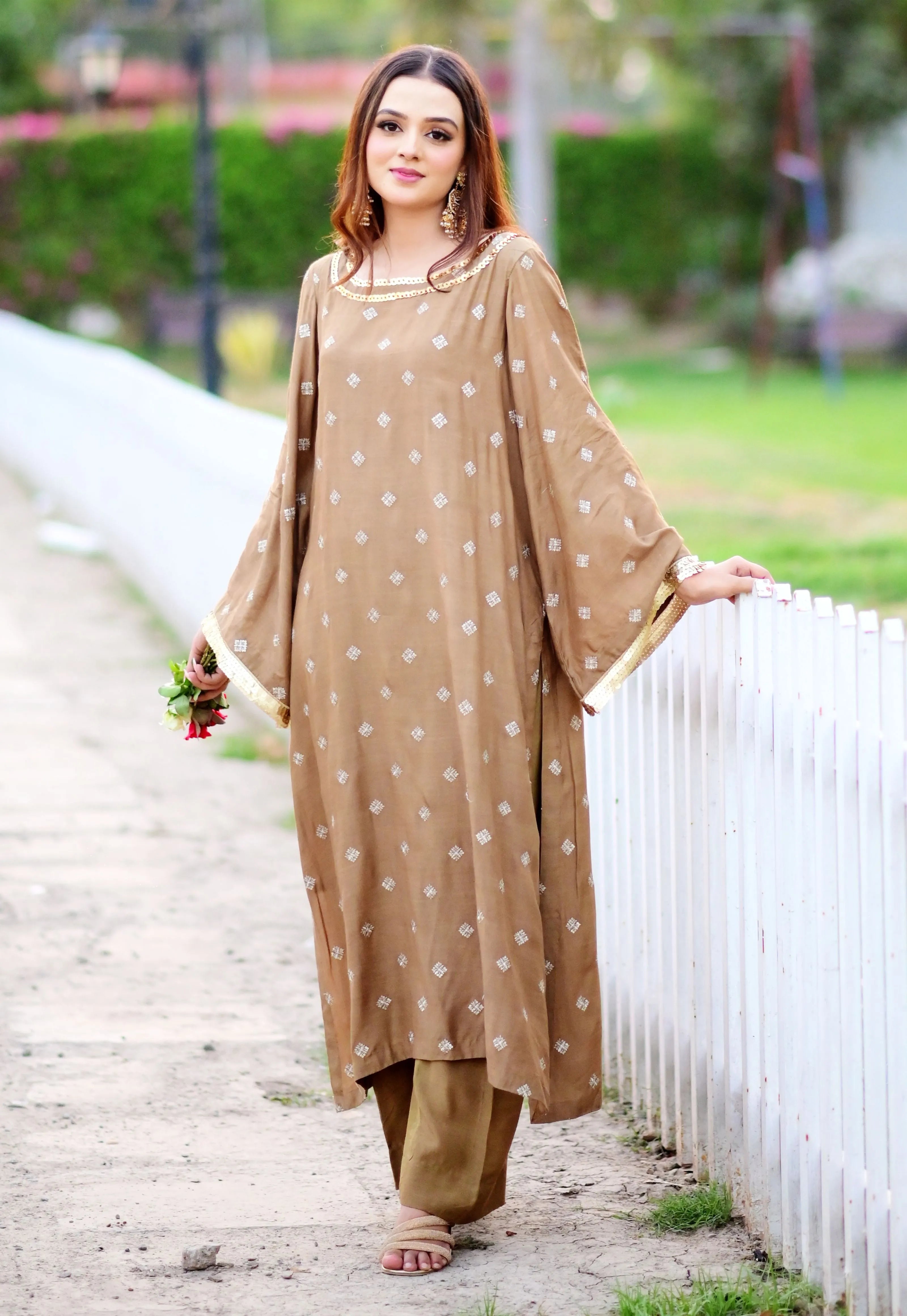 UNJ-5P: Olive Brown 2Pcs embroidered raw silk suit - U By Amins