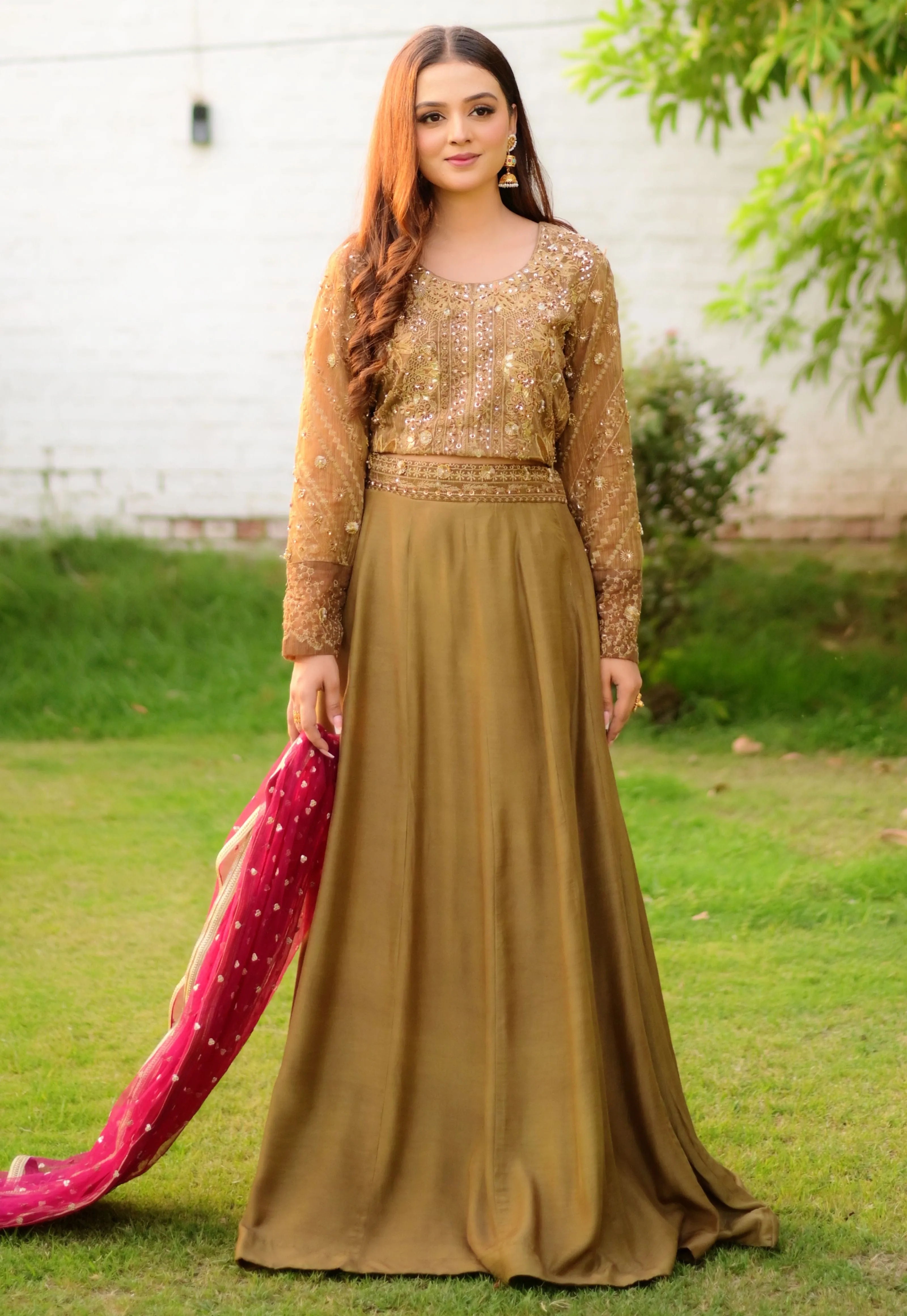 USH: 4B 4Pcs Olive Brown Choli Ghagra (Stitched) - U By Amins