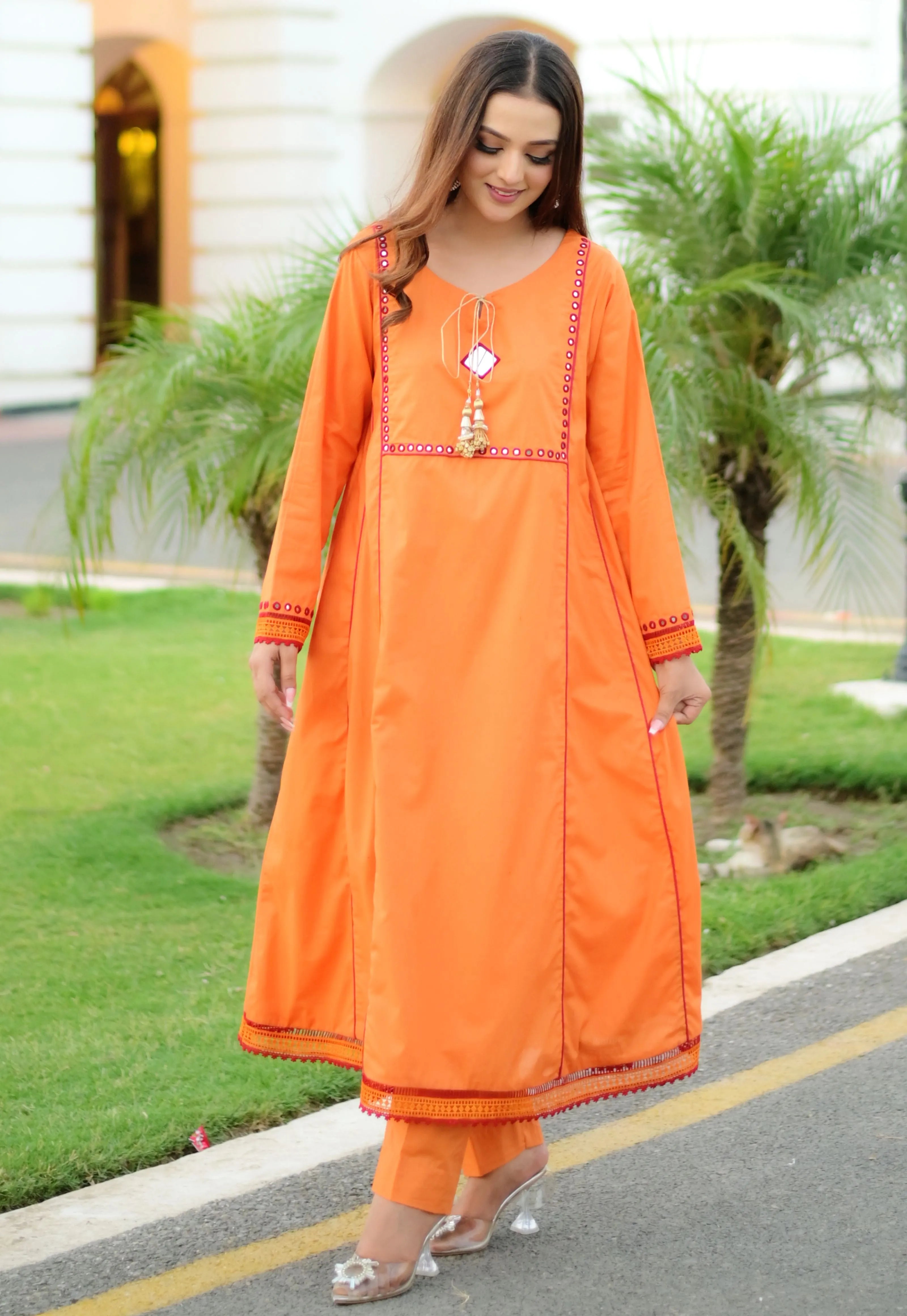 URG-8P: 2 Pcs Airjet cotton embroidered frock with trouser - U By Amins