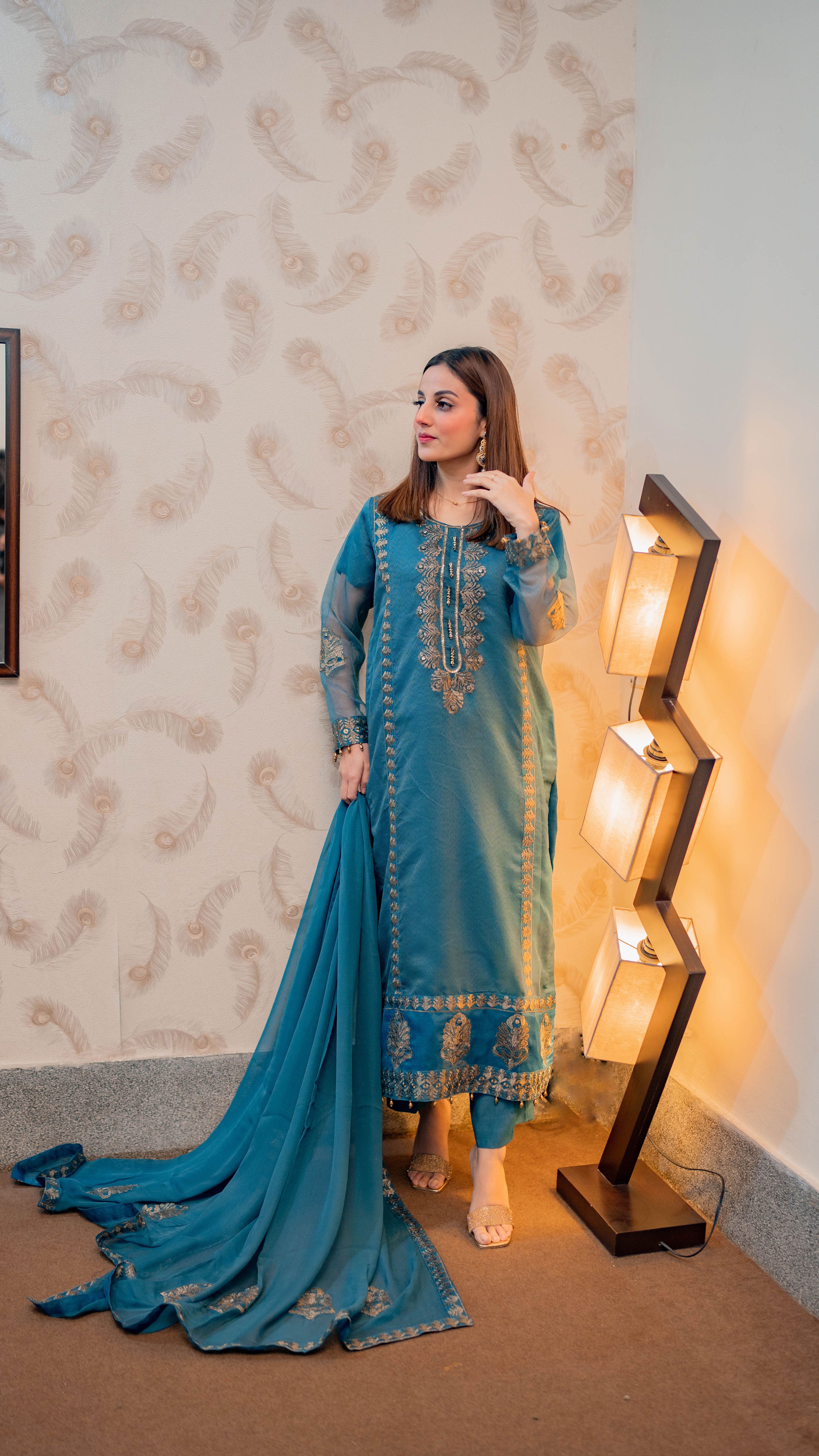 UED-4 Teal Blue 3Pcs embroidered suit