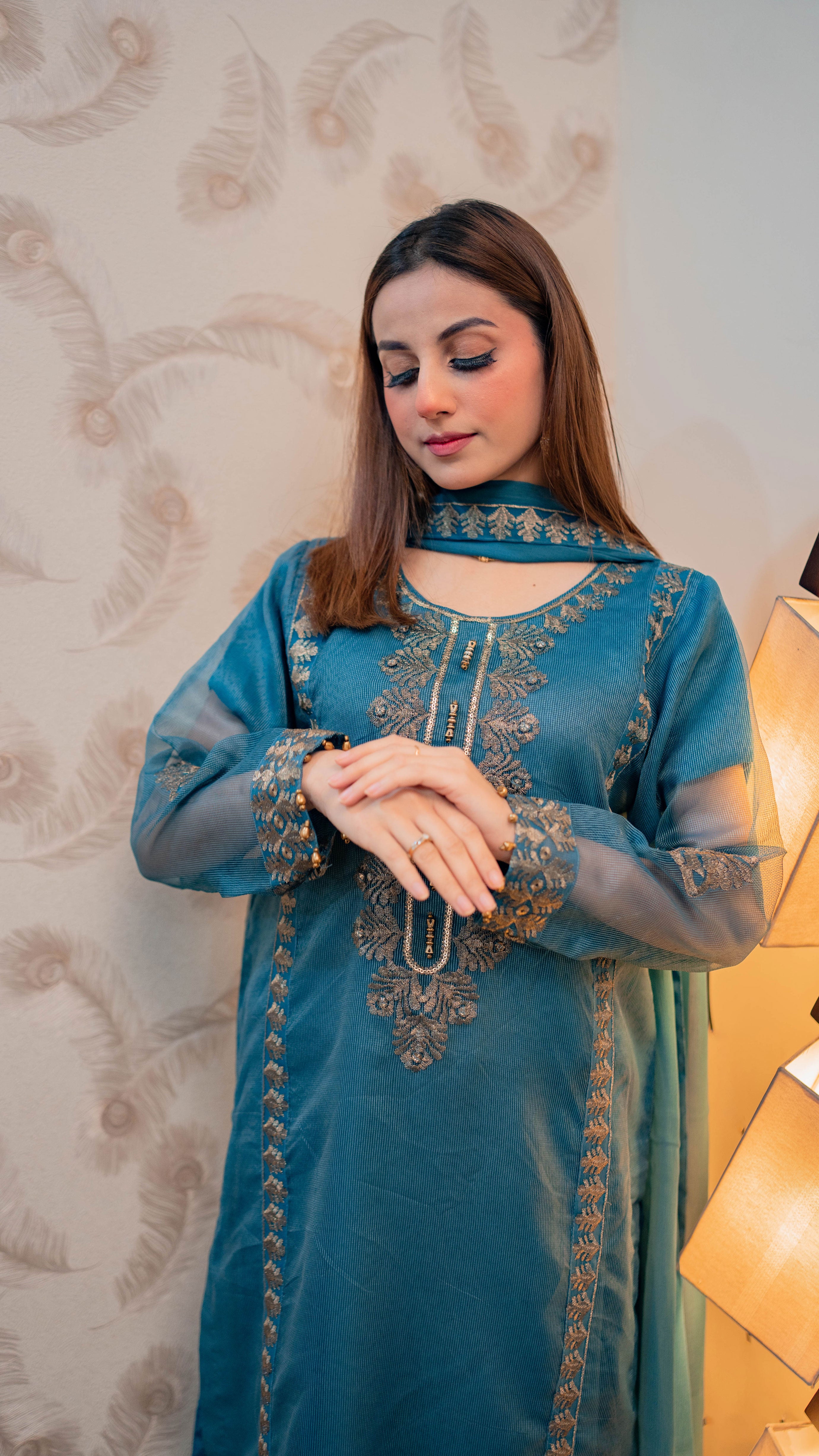 UED-4 Teal Blue 3Pcs embroidered suit
