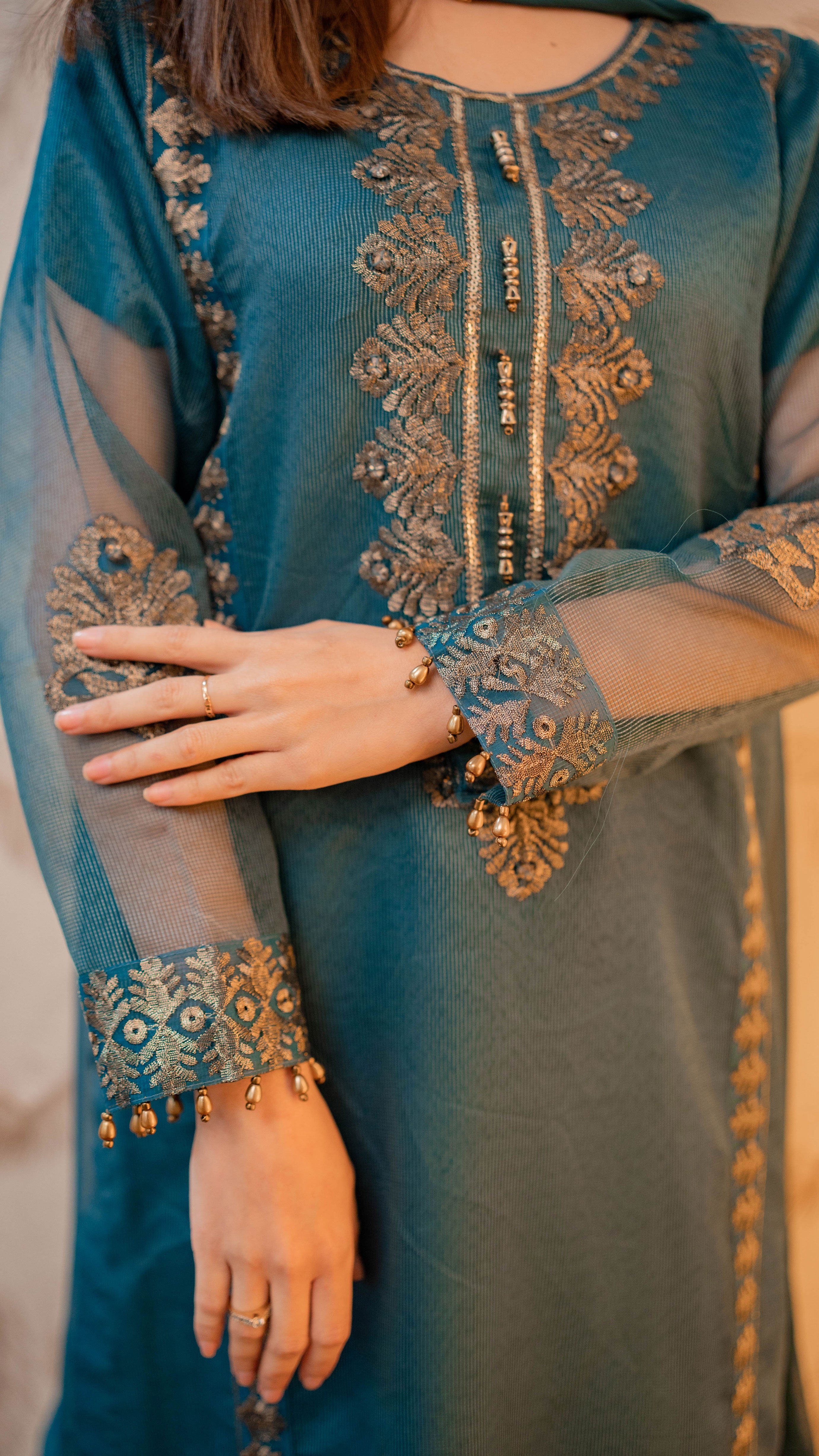 UED-4 Teal Blue 3Pcs embroidered suit