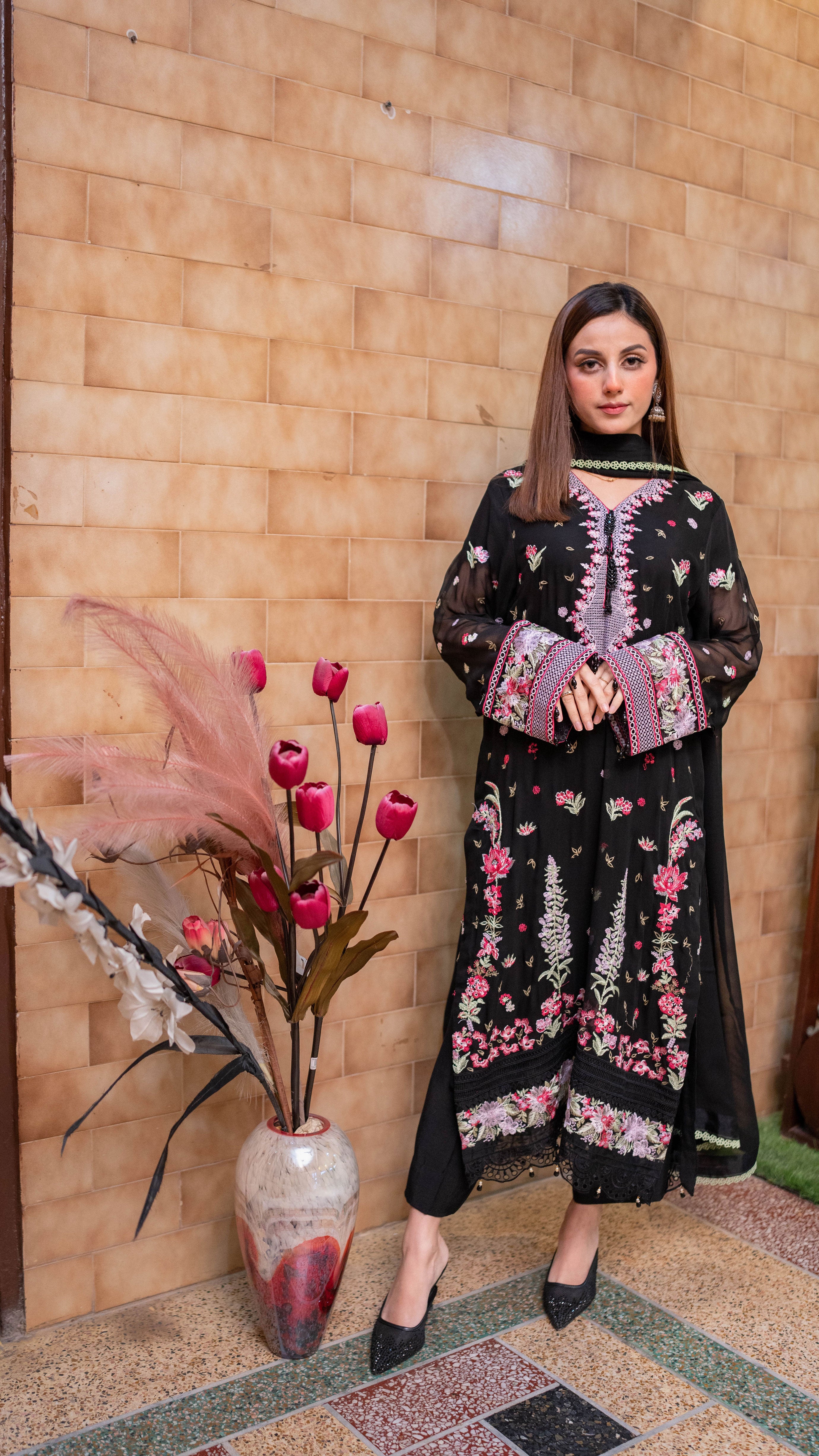 UED-5 Black chiffon embroidered 3Pcs suit