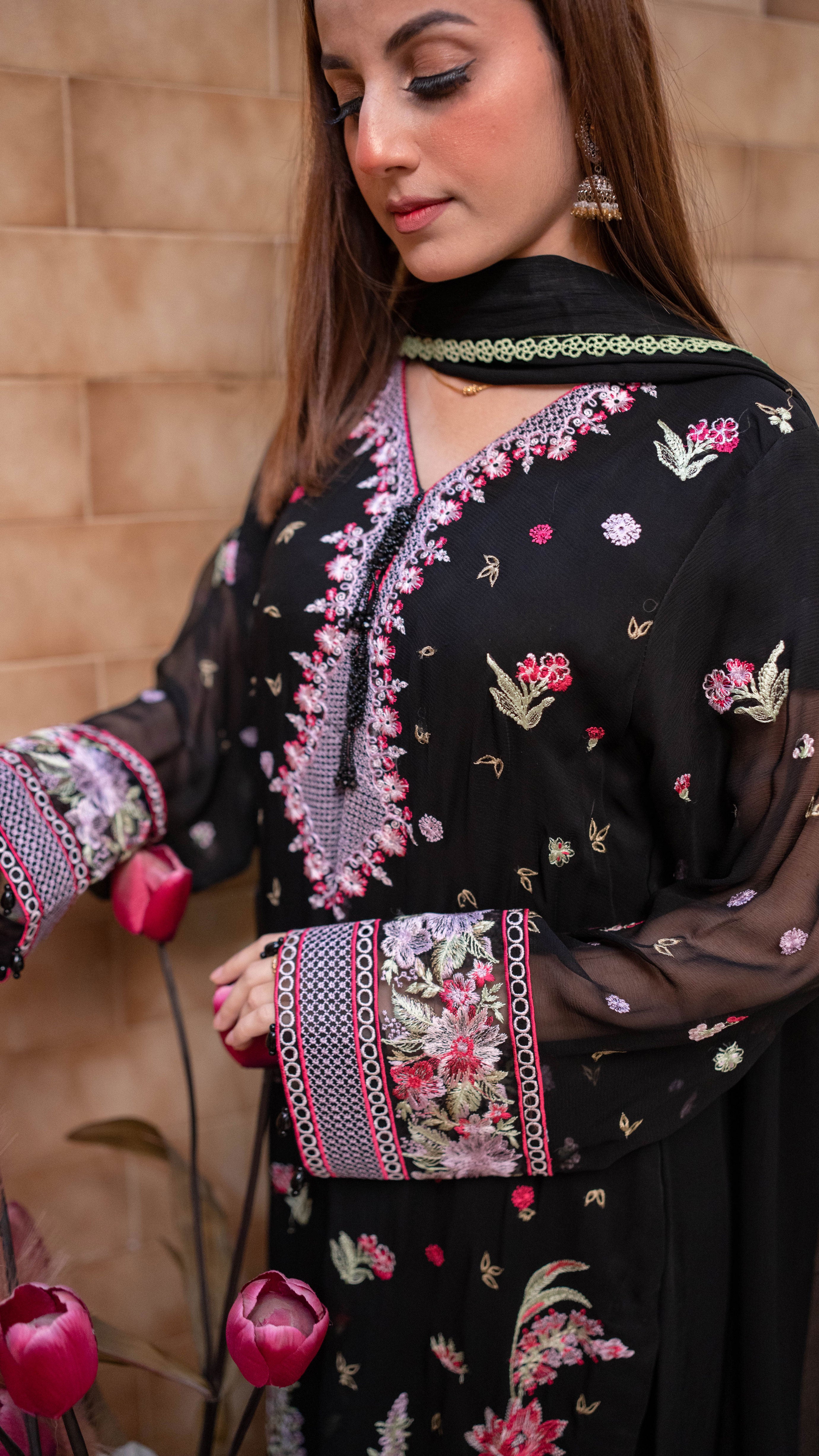 UED-5 Black chiffon embroidered 3Pcs suit