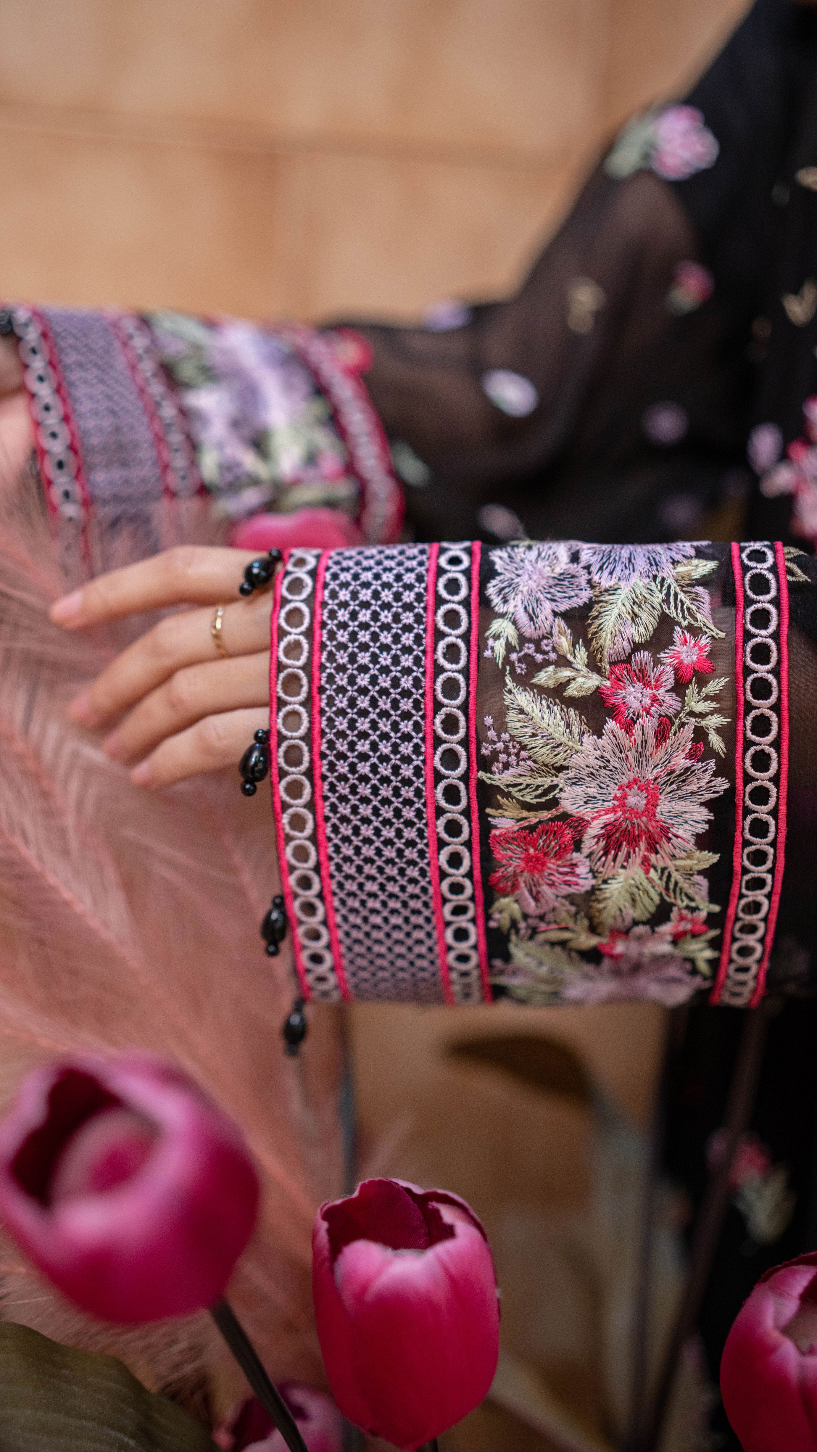 UED-5 Black chiffon embroidered 3Pcs suit