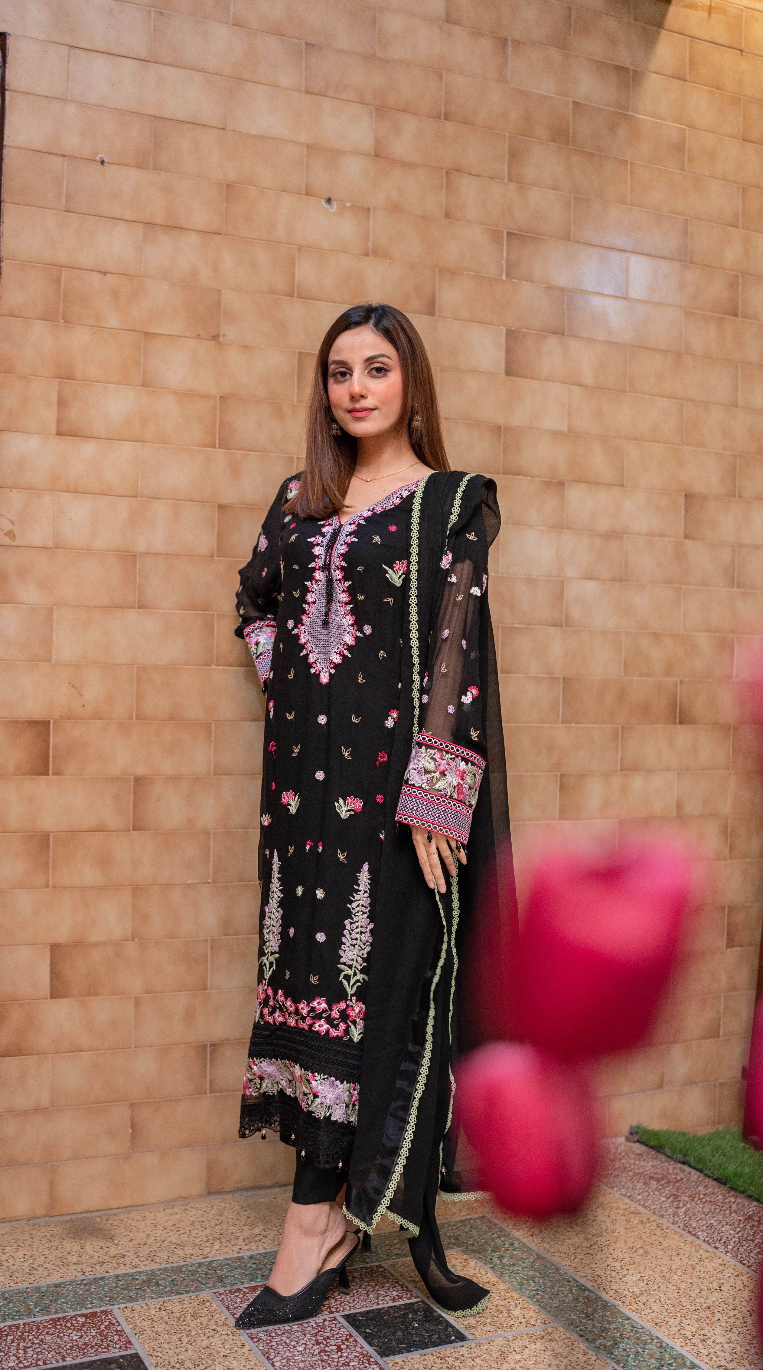 UED-5 Black chiffon embroidered 3Pcs suit