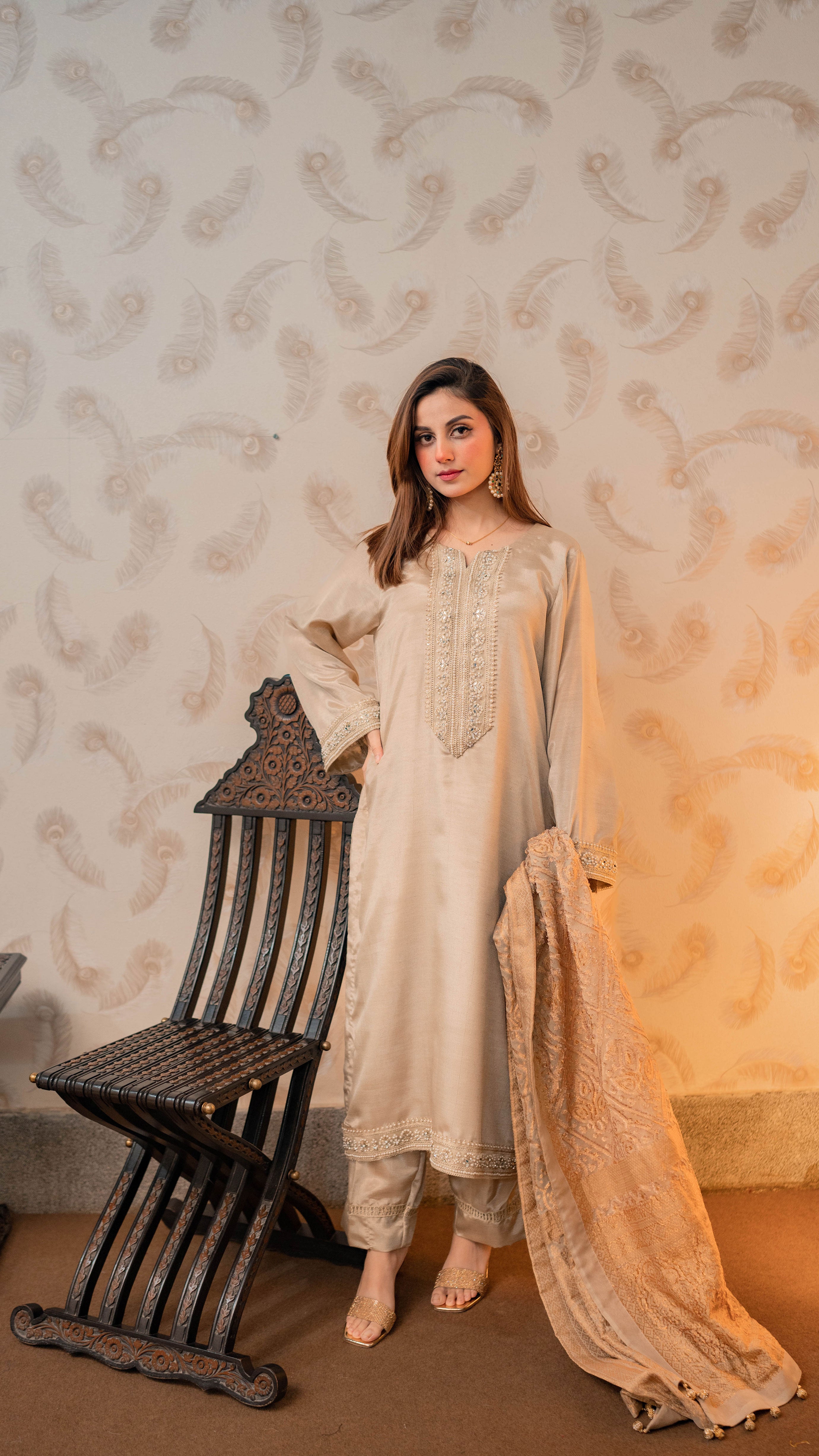 UED-9 Champagne gold 3Pcs silk Suit