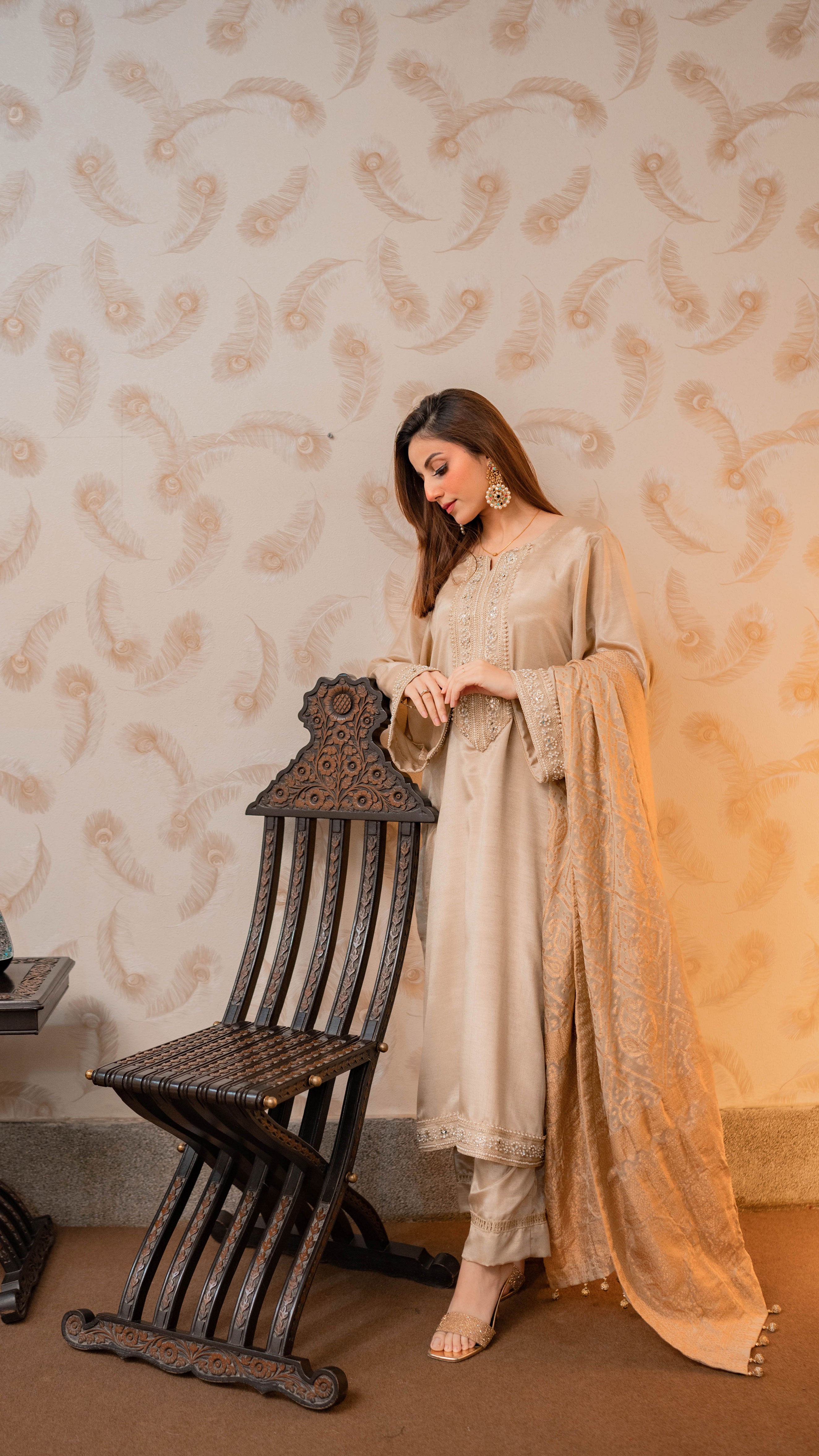 UED-9 Champagne gold 3Pcs silk Suit