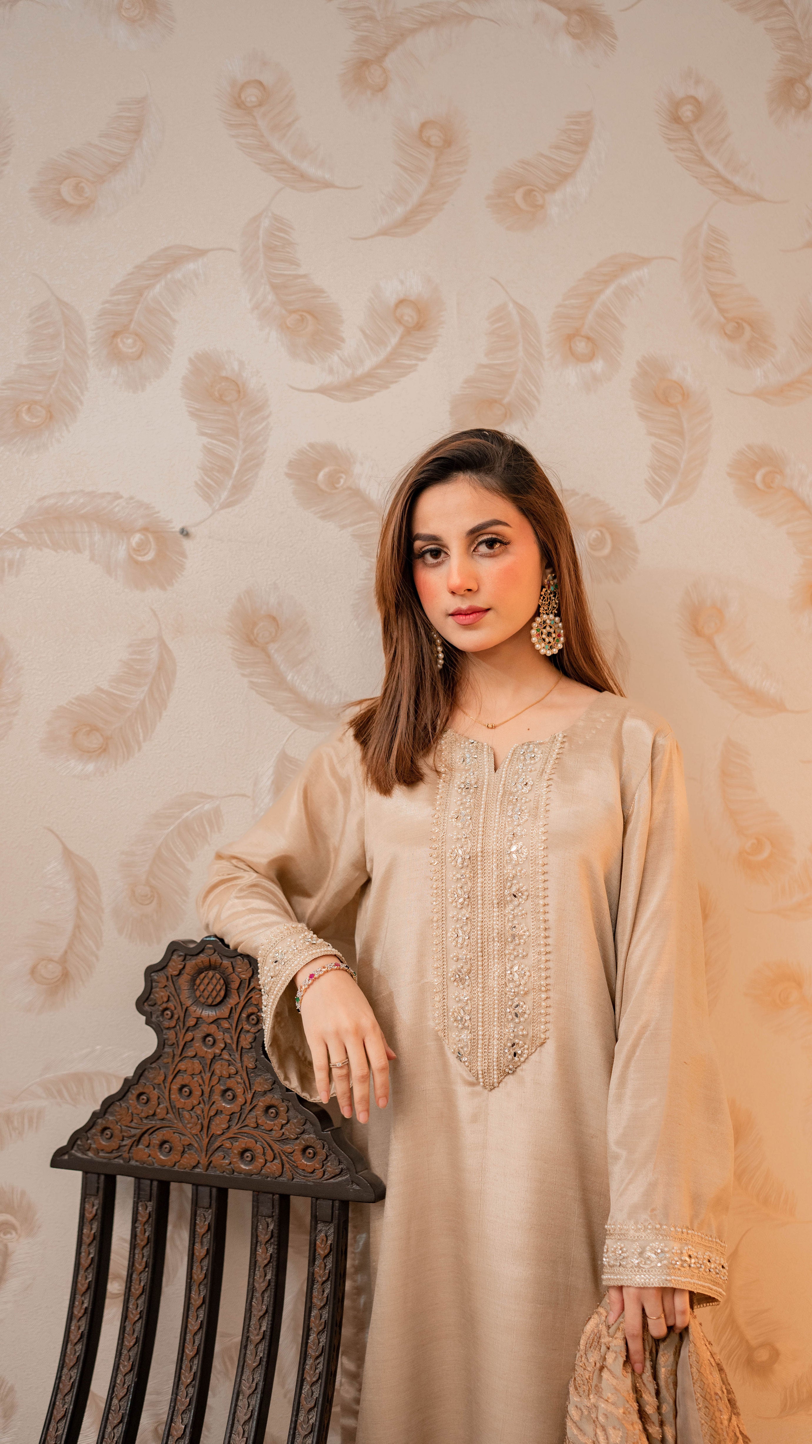 UED-9 Champagne gold 3Pcs silk Suit