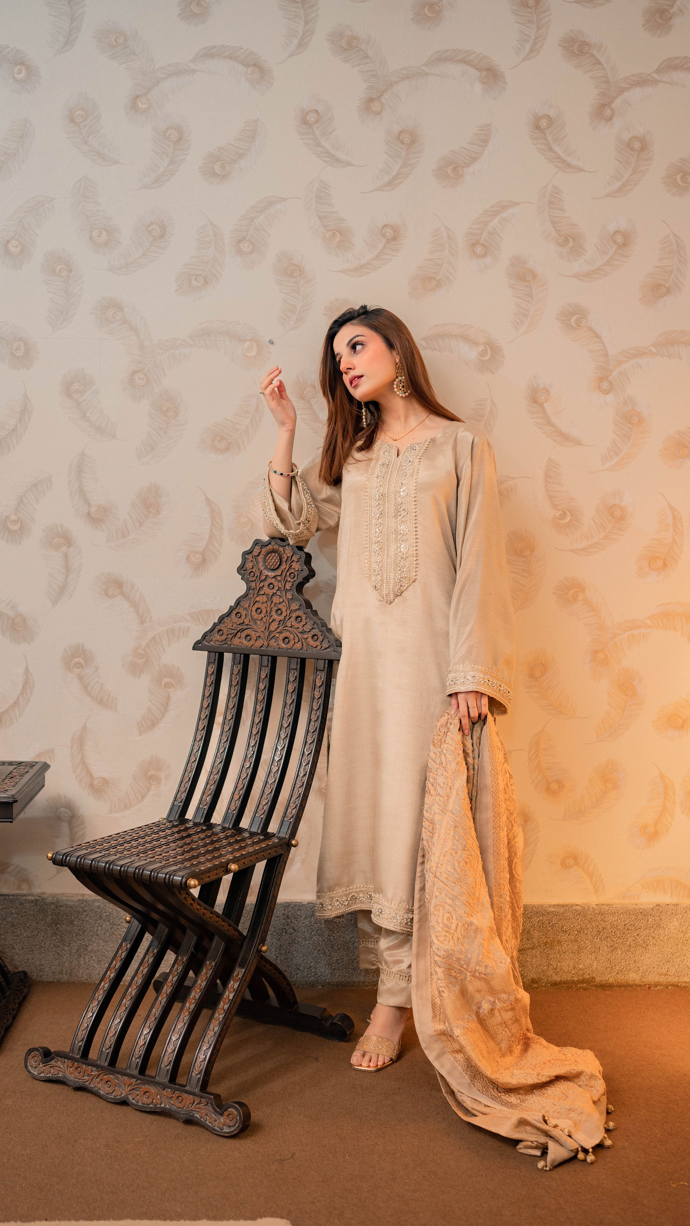 UED-9 Champagne gold 3Pcs silk Suit