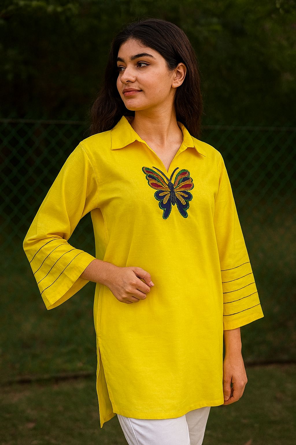 UP=03  Yallow Kurti with butterfly patch